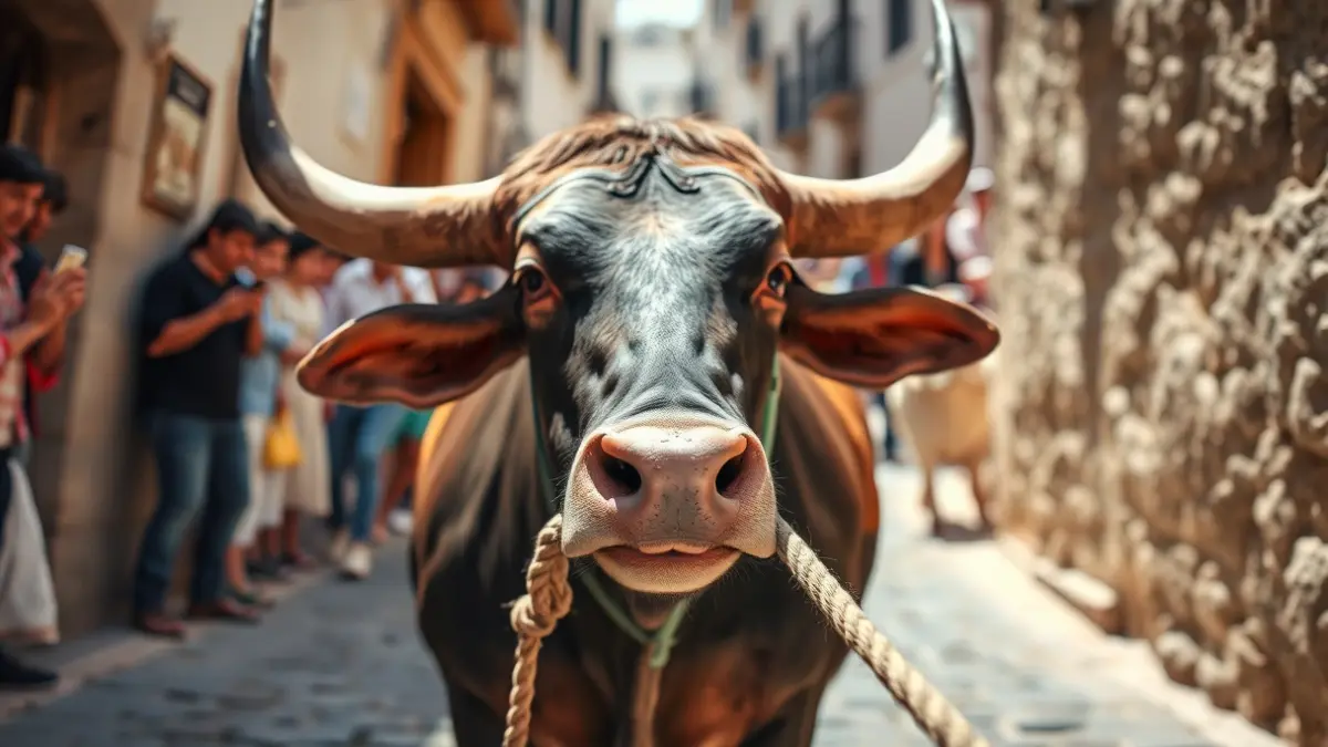 Image of a roped bull in the streets of an Andalusian village during a festivity.