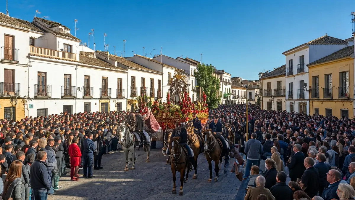 Image of the Quasimodo Monday Fair and Pilgrimage in Olvera, with floats and pilgrims.