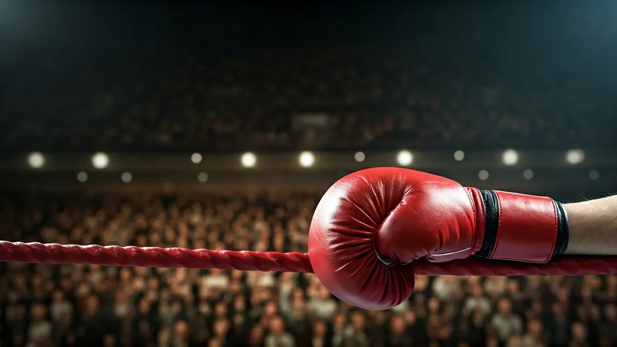 Imagen genérica de un guante de boxeo en el ring, con el público difuminado al fondo.