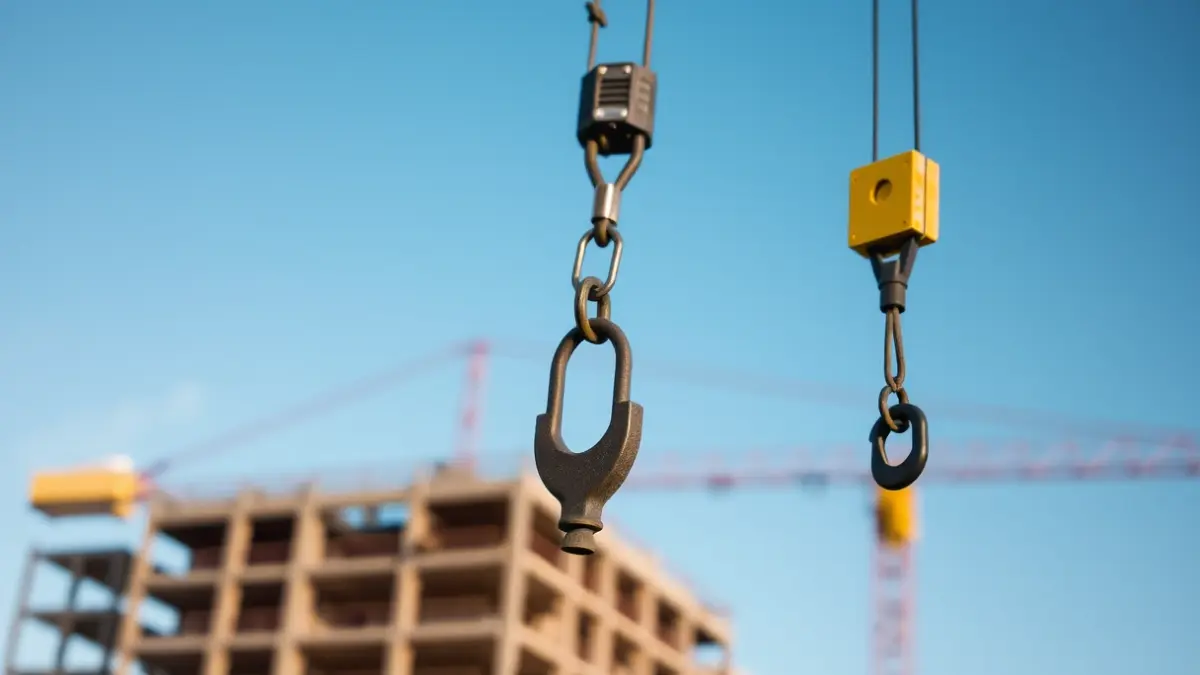 Generic image of a construction crane hook against a blue sky.