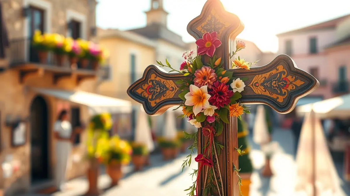 Image of a cross decorated with flowers in a festive atmosphere.