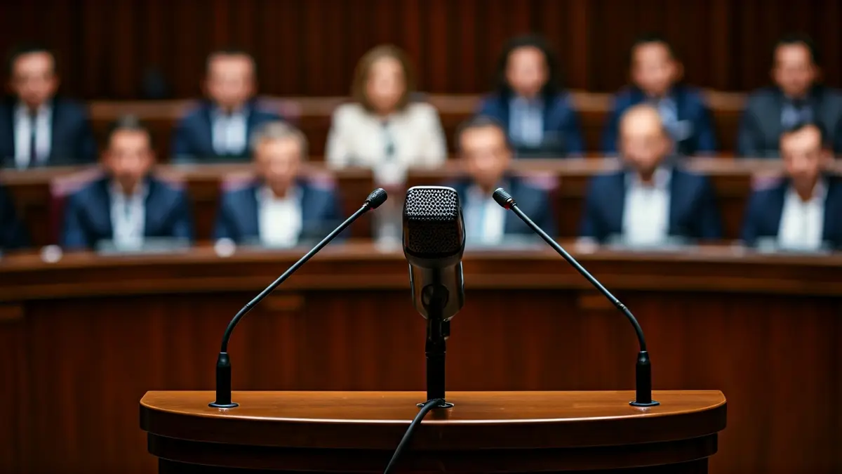 Imagen genérica de un micrófono en un atril en un entorno parlamentario.