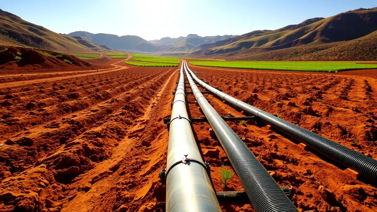 Image of irrigation pipes in an Andalusian field, symbolizing new water infrastructure.