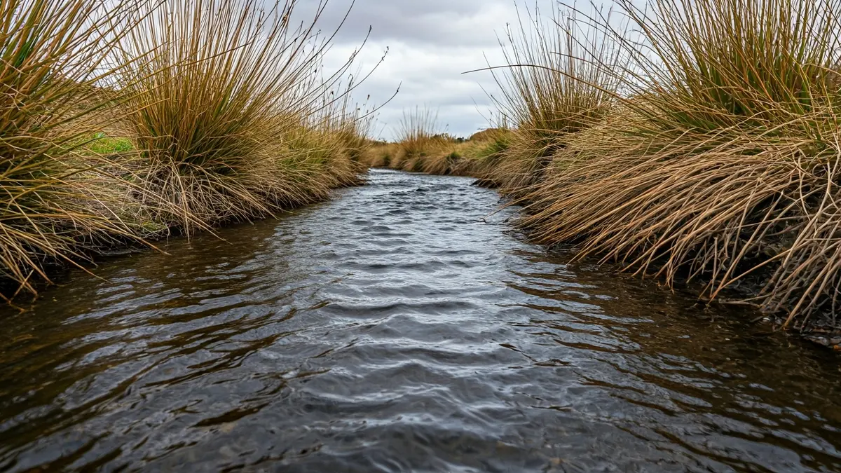 Image of a stream with possible polluting discharges in a rural setting.