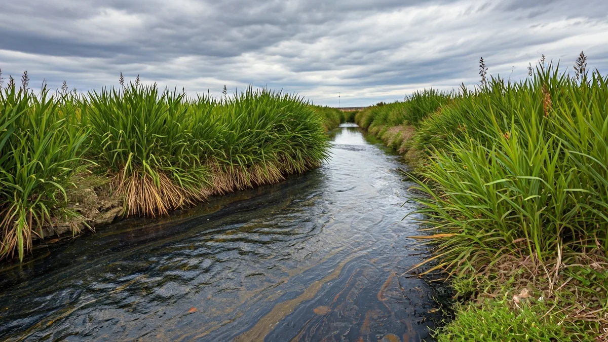 Imagen de un arroyo contaminado con residuos oscuros, en un entorno rural andaluz.