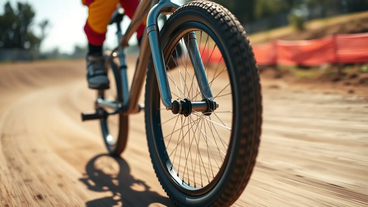 Generic image of a BMX bicycle wheel on a dirt track.
