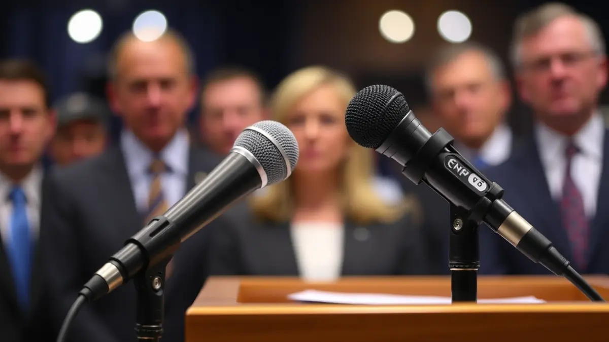 Generic image of a microphone on a podium during a political statement.