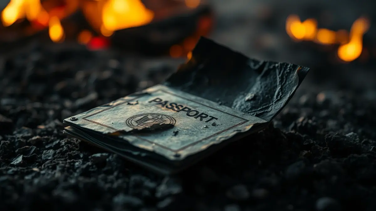 Burned documents after a fire, symbolizing loss of identity and opportunities.