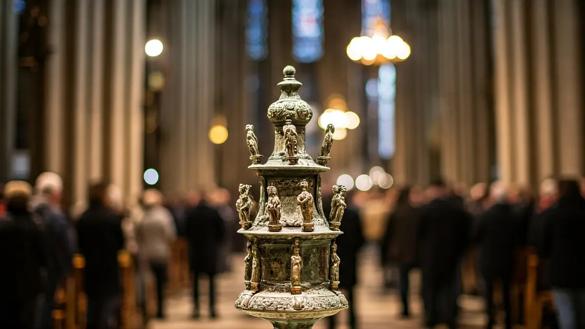 Image of an ancient tenebrarium with decorative figures inside a cathedral.