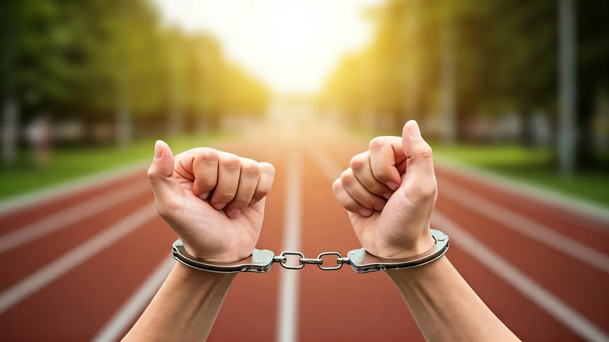 Imagen de dos personas esposadas, preparándose para una carrera de resistencia.