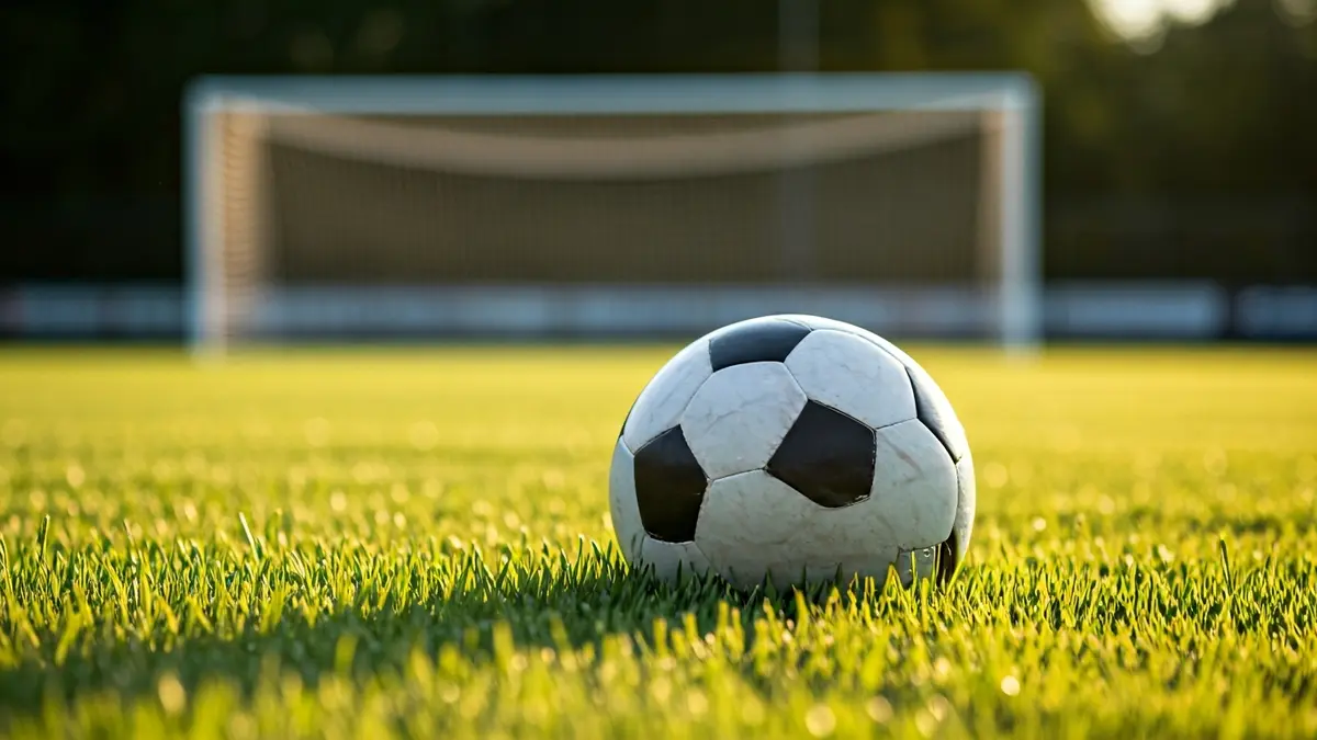 Imagen genérica de un balón de fútbol en el césped de un campo, con la portería desenfocada al fondo.