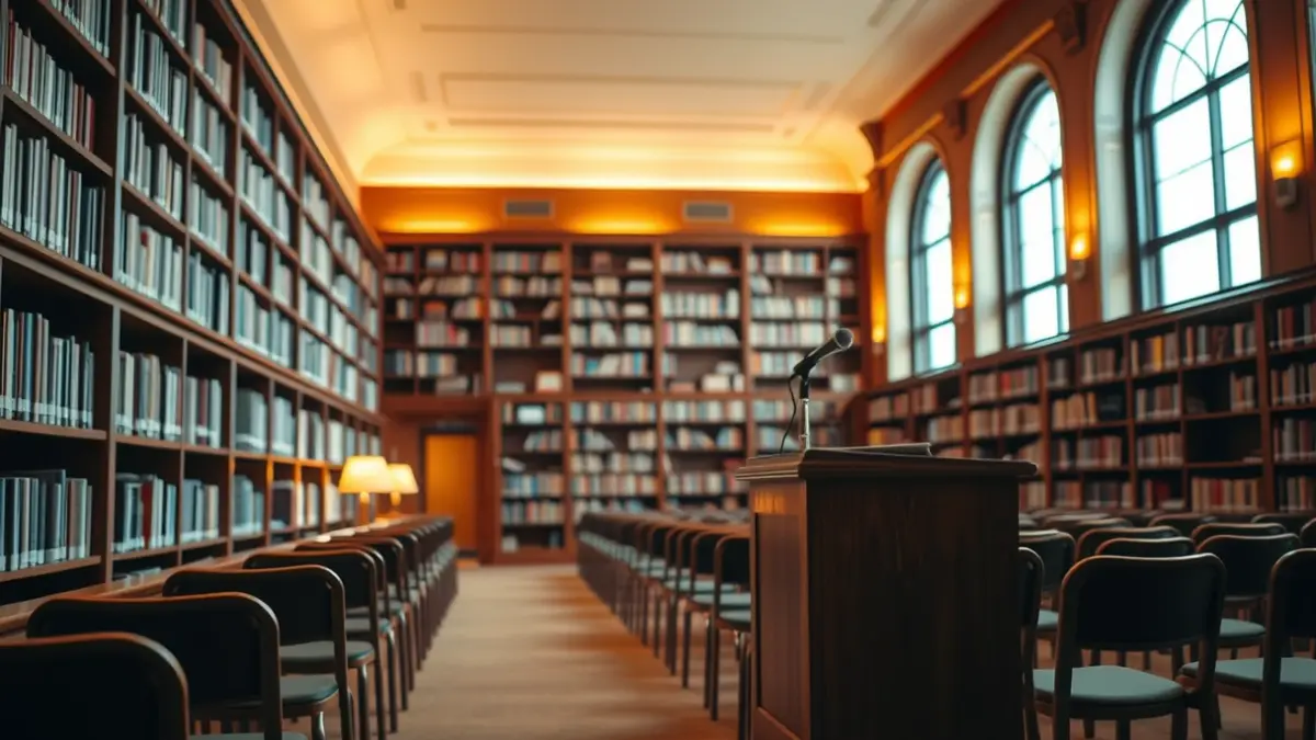 Generic image of a library with a podium and chairs, evoking a literary presentation atmosphere.