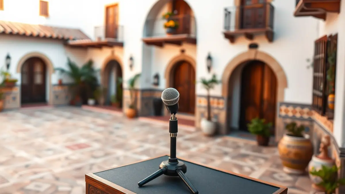 Imagen de un micrófono en un atril en un patio andaluz, simbolizando un pregón.