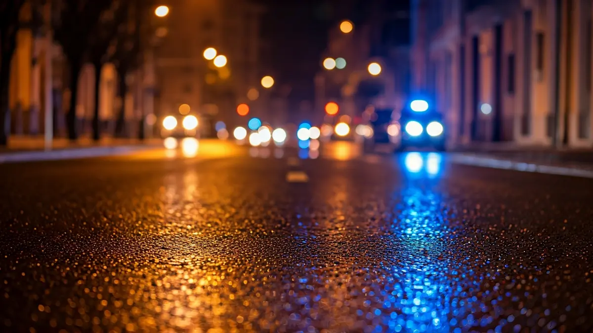 Generic image of police emergency lights reflecting on wet asphalt at night.