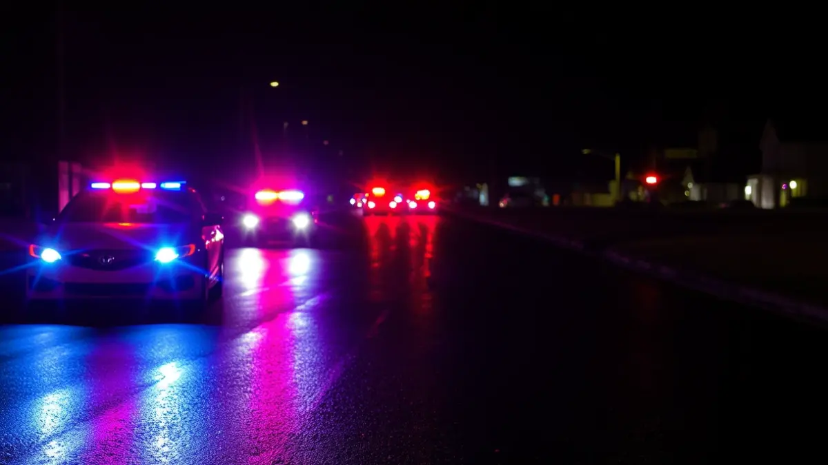 Generic image of police emergency lights reflecting on wet asphalt at night.