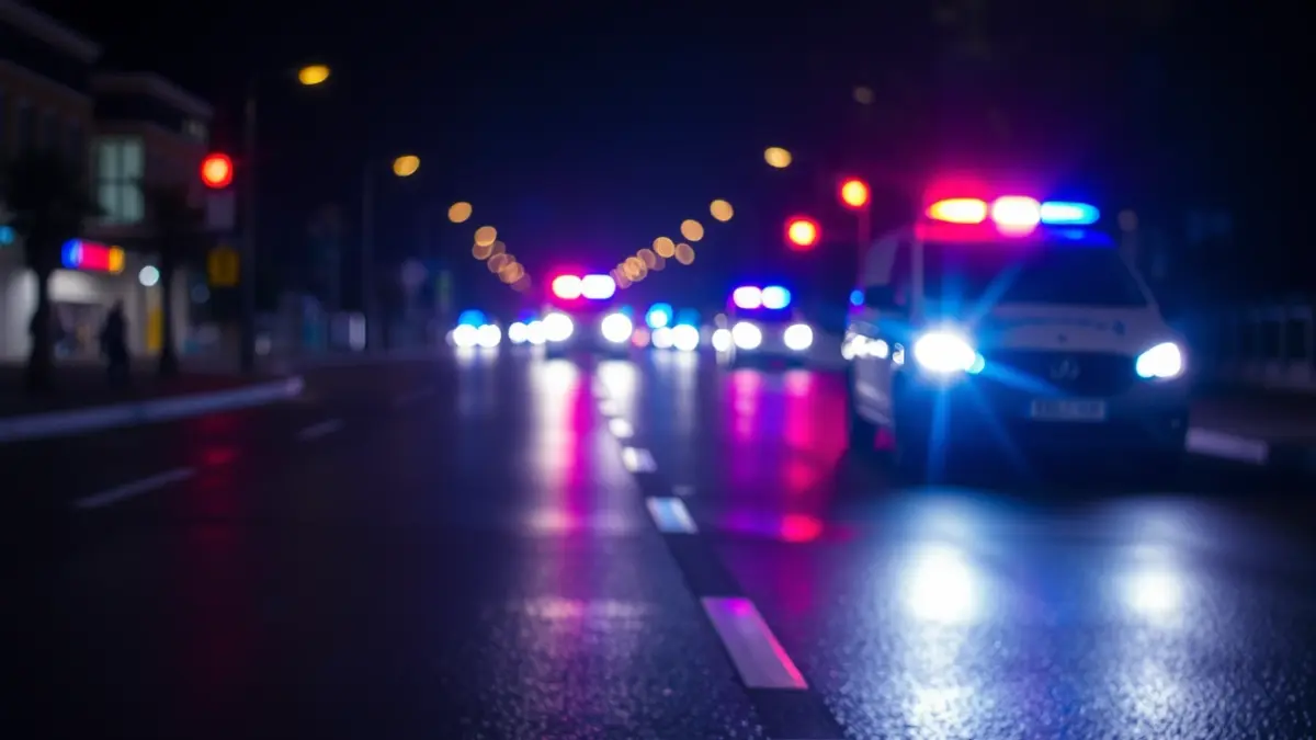 Imagen genérica de luces de emergencia reflejadas en el asfalto mojado por la noche.