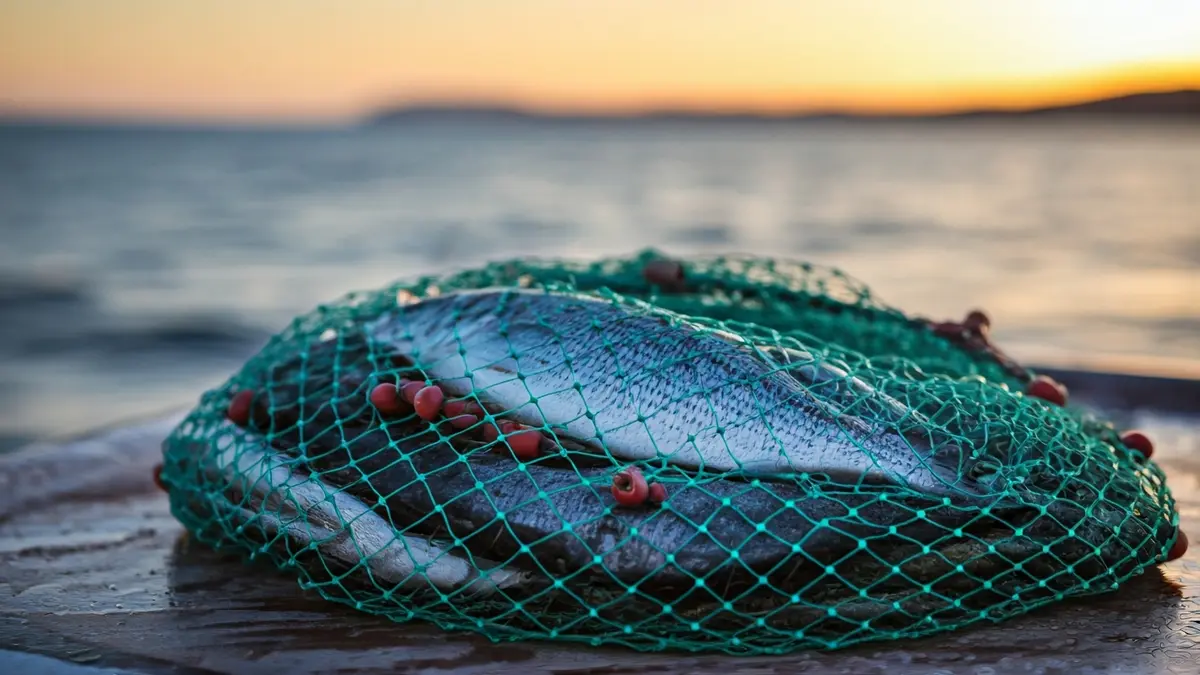 Imagen genérica de una red de pesca con peces en la cubierta de un barco al atardecer.