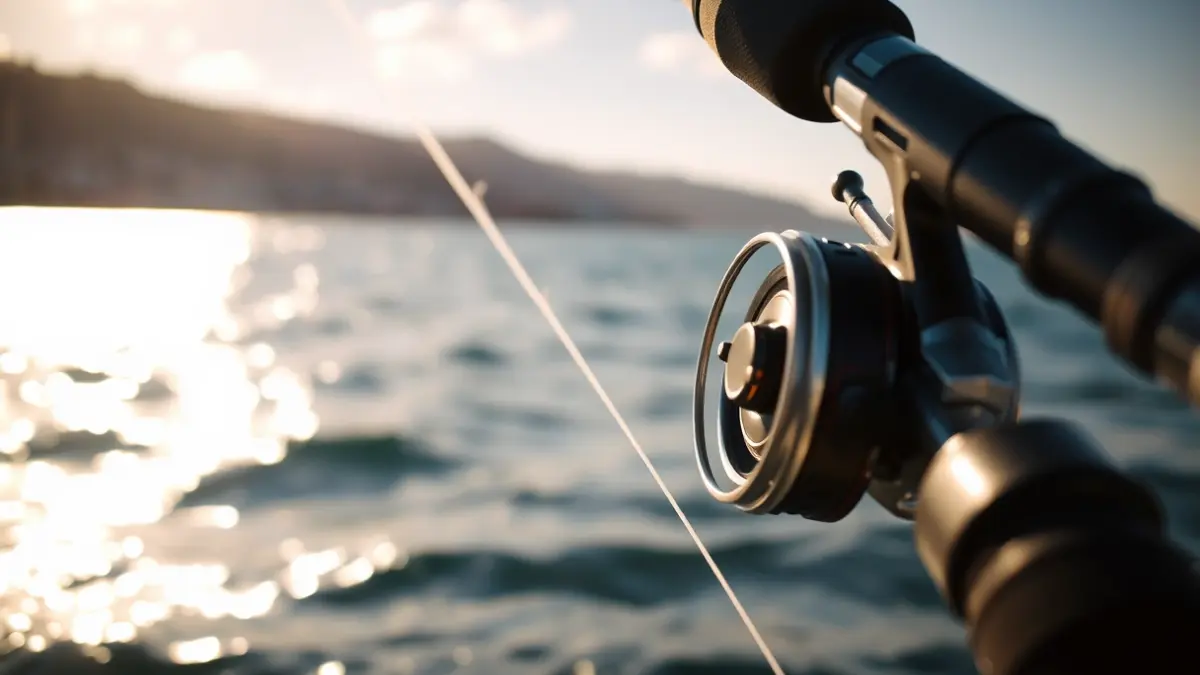Imagen genérica de un carrete de caña de pescar con la línea en el agua.