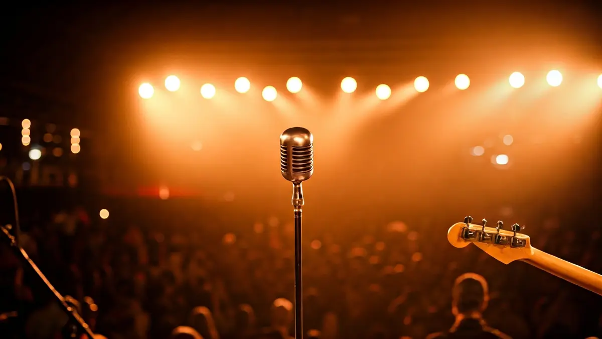 Concert stage with vibrant lights and a microphone, ready for a funk and soul performance.