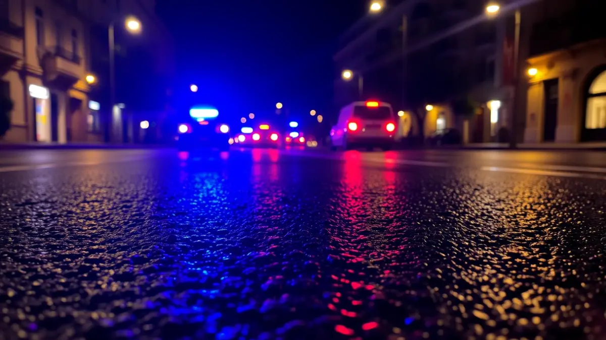 Generic image of emergency lights reflecting on wet asphalt.
