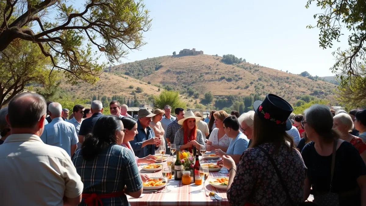 Imagen de una romería tradicional en un entorno natural, con personas compartiendo y disfrutando de la jornada.