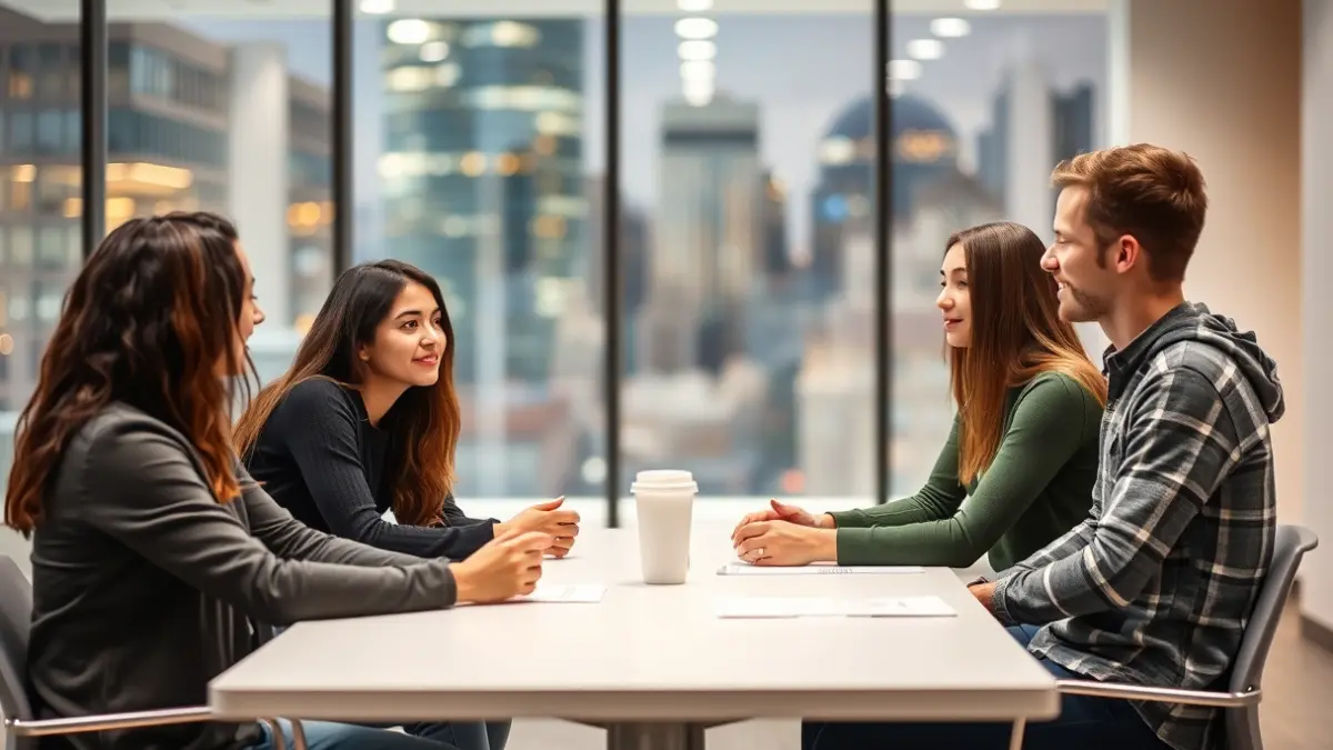 Imagen genérica de jóvenes profesionales colaborando en un entorno urbano.