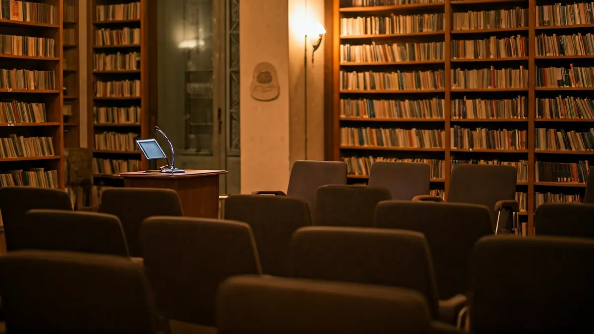 Imagen genérica de un salón de actos o biblioteca con un micrófono y sillas, evocando un ambiente de recital.