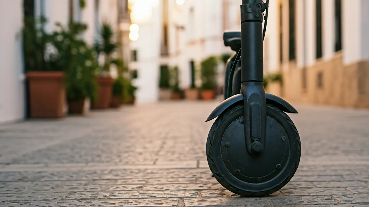 Imagen genérica de un patinete eléctrico aparcado en una acera de piedra, con luz cálida de atardecer y edificios andaluces al fondo.