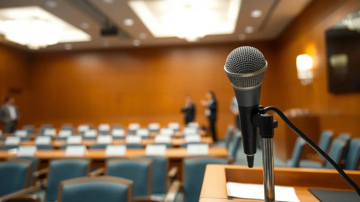 Generic image of a microphone on a podium, symbolizing negotiation or public announcement.