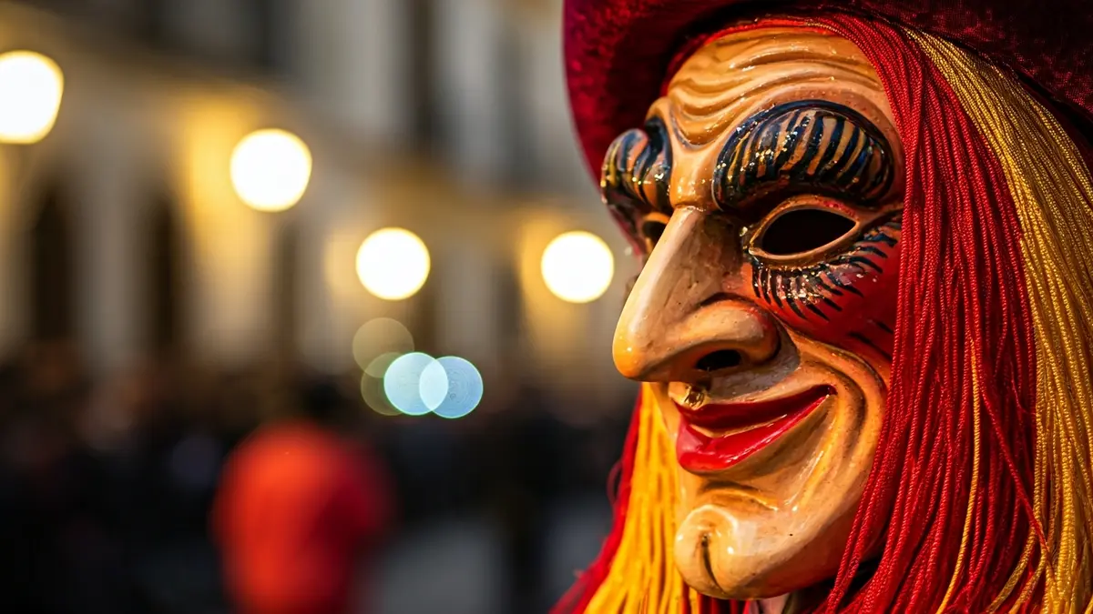 Imagen de una máscara de carnaval con un fondo festivo borroso.