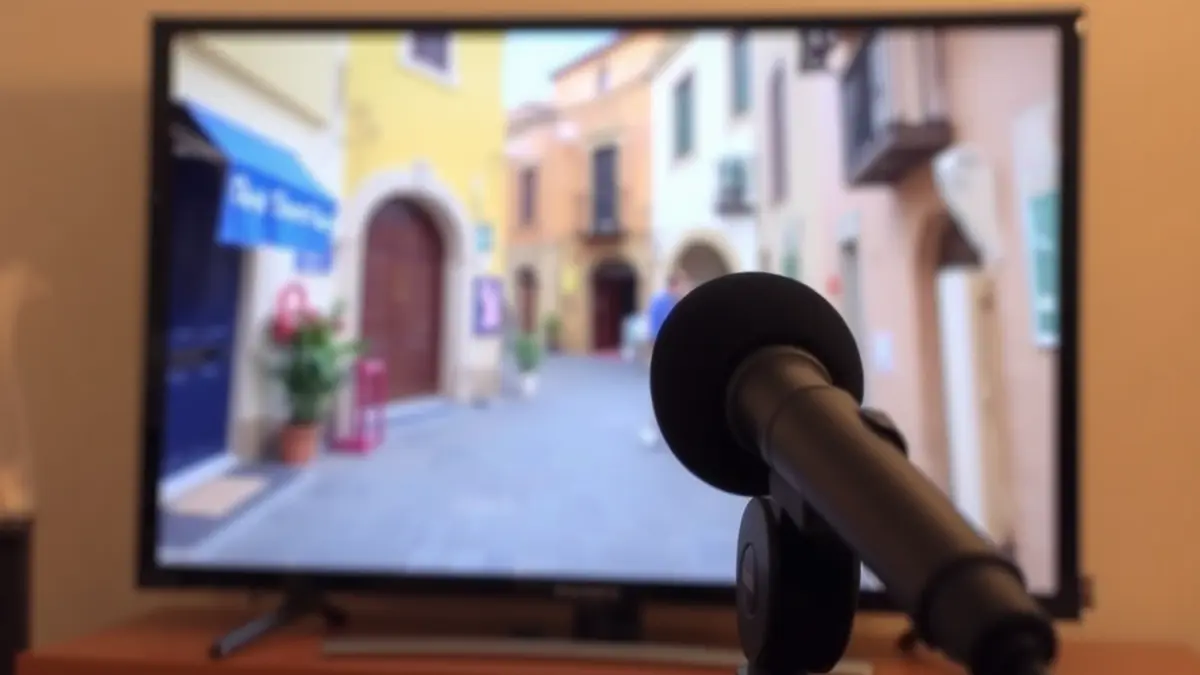 Image of a television screen showing an Andalusian street and a microphone, representing a documentary.