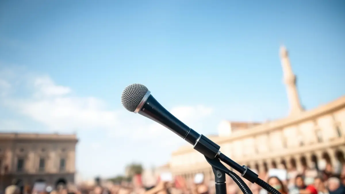 Imagen genérica de un micrófono en un podio durante una concentración política.