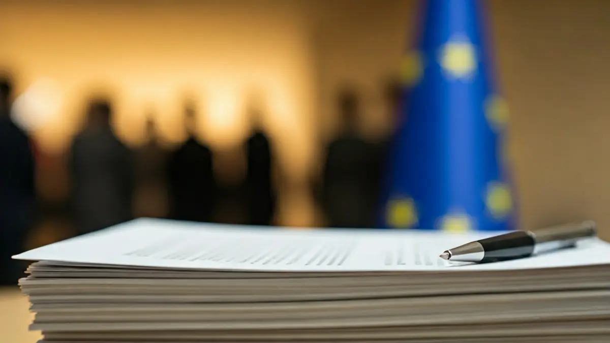 Imagen genérica de documentos oficiales y la bandera de la Unión Europea, simbolizando gestiones internacionales.