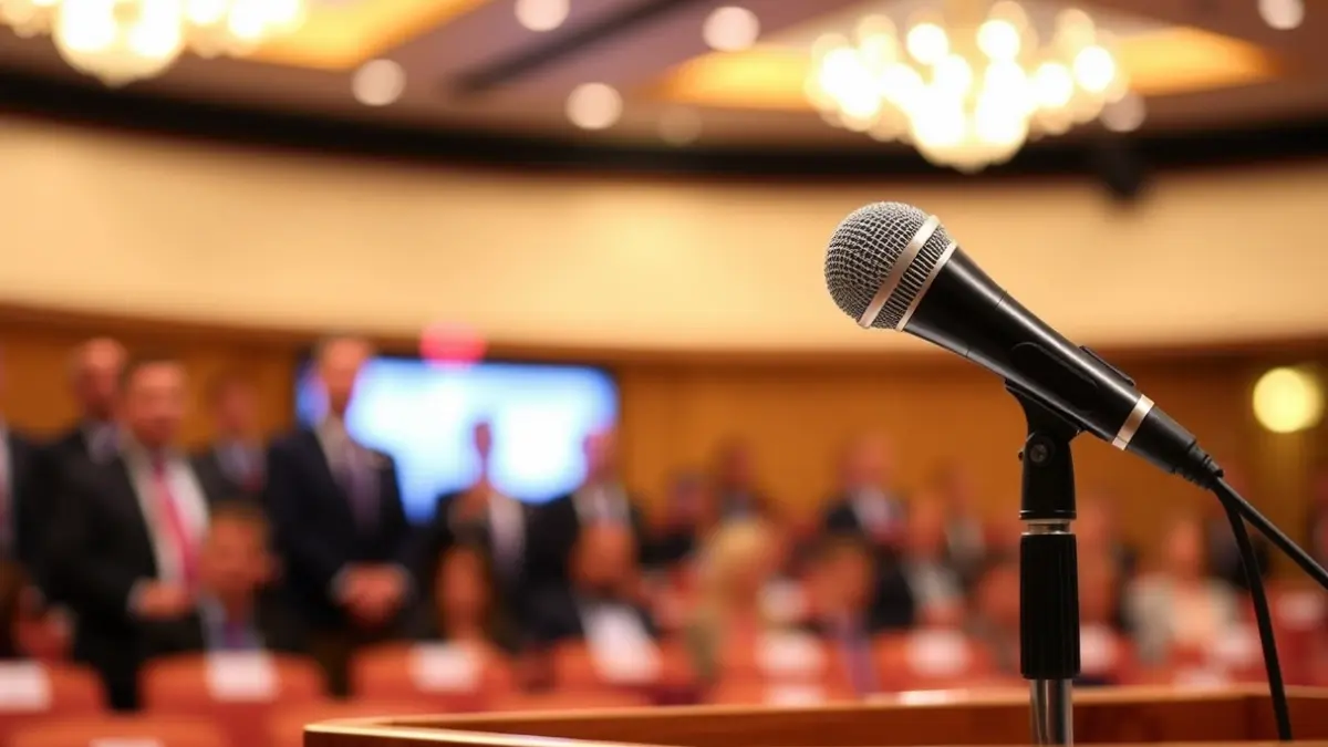 Imagen genérica de un micrófono en un podio durante una presentación política.