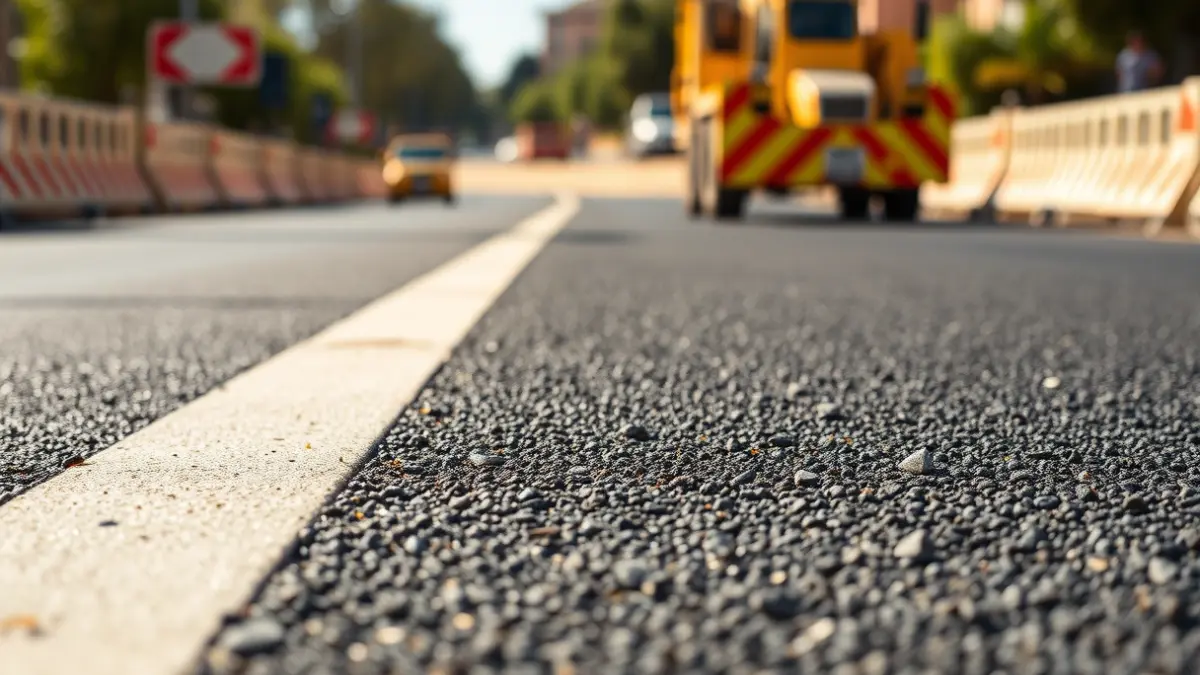 Generic image of a newly asphalted street with construction machinery in the background.