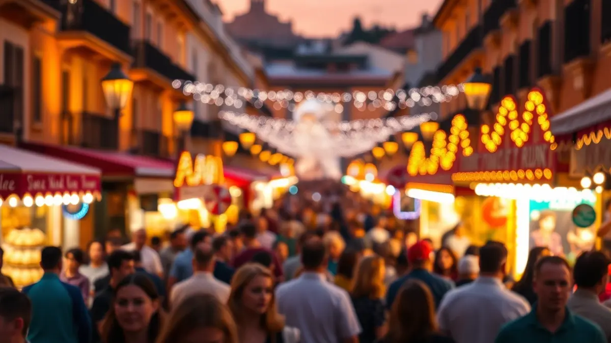 Image of Seville's April Fair with a festive atmosphere and lights.