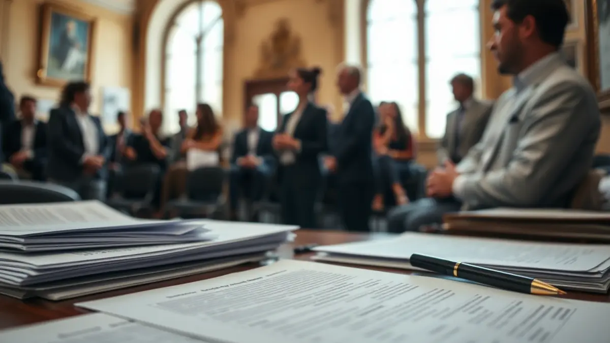 Generic image of documents and forms in a government office, with people waiting in the background.