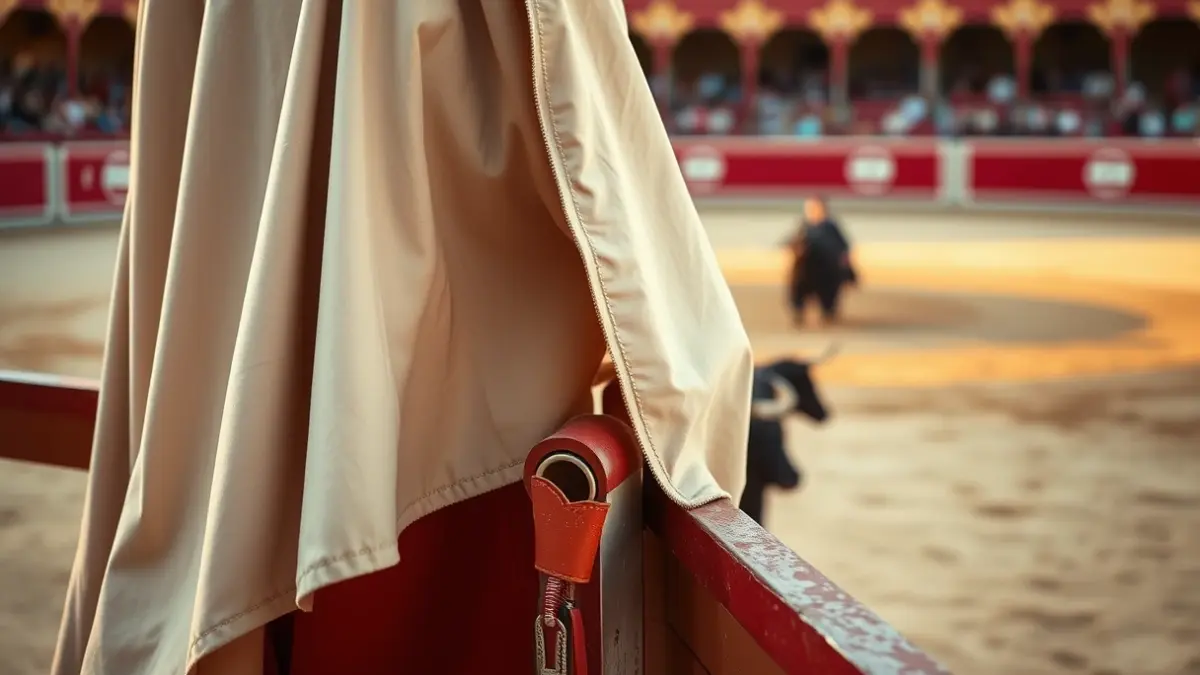 Imagen de un capote de torero en una barrera de la plaza de toros.