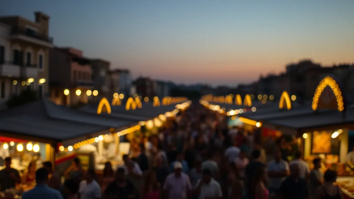 Imagen genérica de una feria con luces y gente al anochecer.