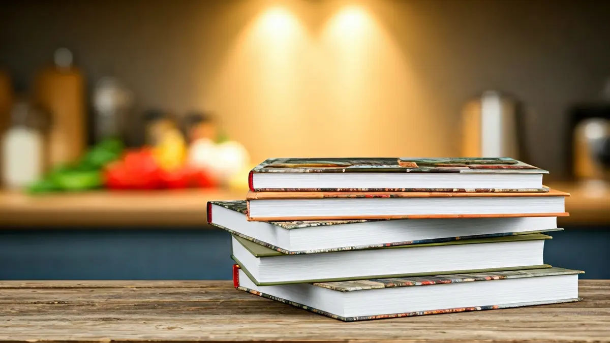 Imagen genérica de libros de cocina apilados en una mesa de madera, con utensilios de cocina desenfocados al fondo.