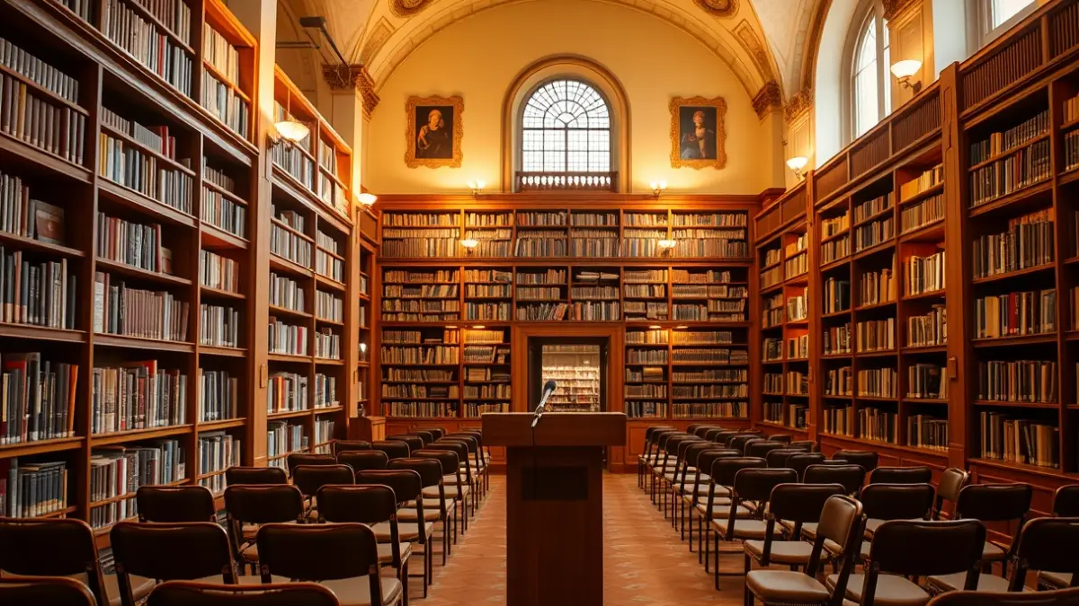 Imagen genérica de una biblioteca con un podio y sillas, preparada para una presentación literaria.