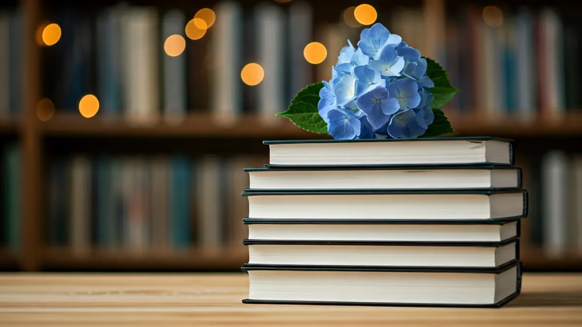 Image of poetry books and a blue hydrangea, symbolizing the literary presentation.