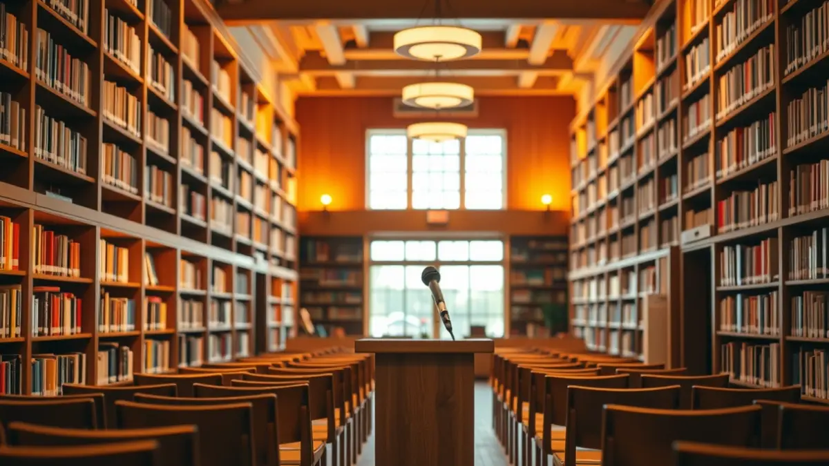 Generic image of a book presentation room with a microphone and empty chairs.
