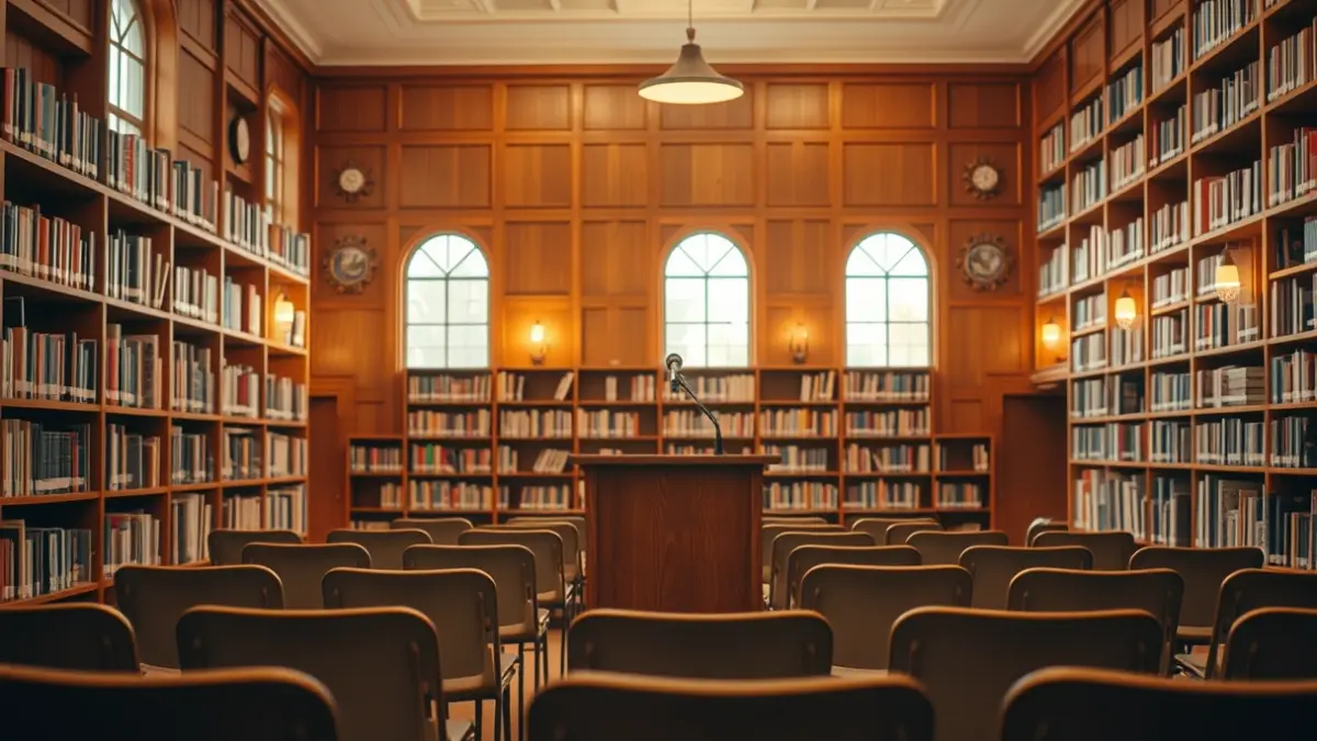 Generic image of a book presentation in a library or event hall.