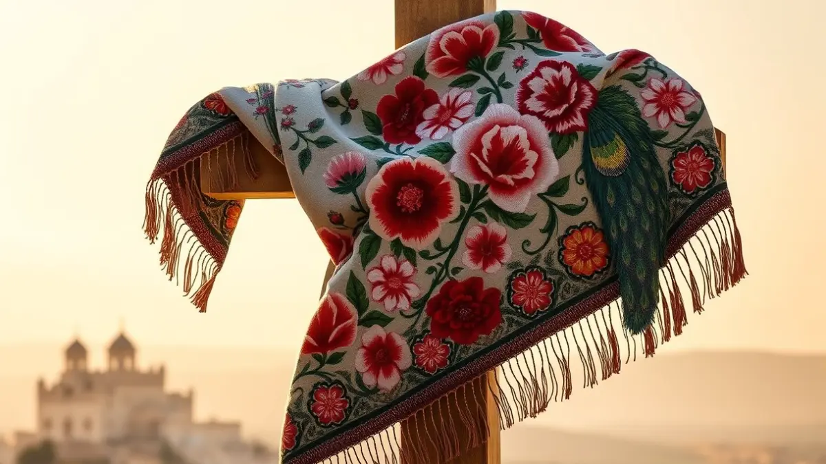 Mantón bordado con motivos granadinos, imagen del cartel del Día de la Cruz.