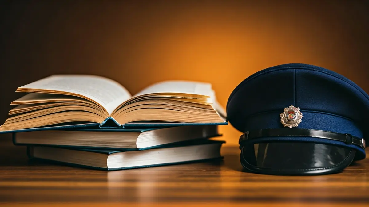 Imagen de un libro abierto y una gorra de policía sobre un escritorio de madera.