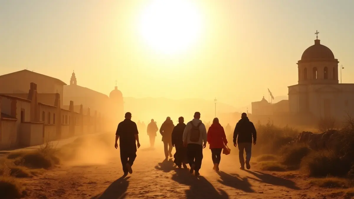 Image of a group of pilgrims walking on a path in Andalusia.