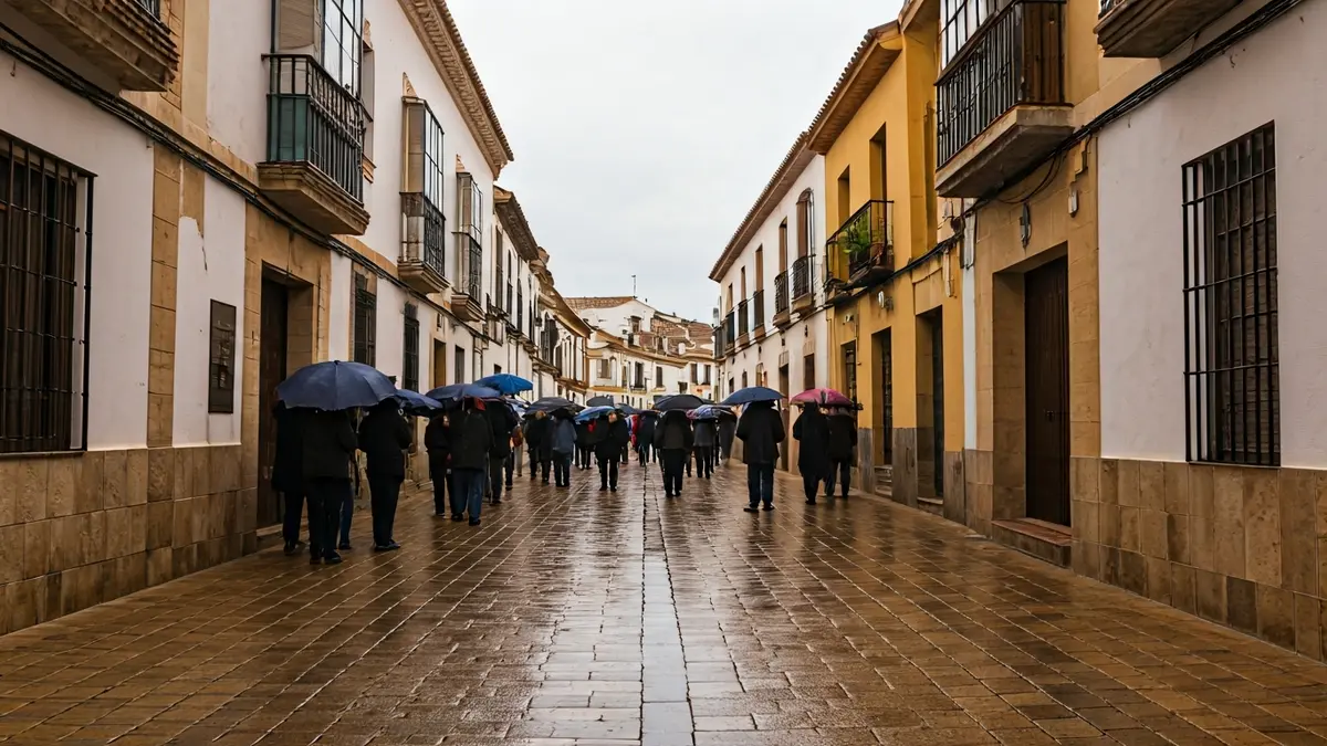 Generic image of a Mediterranean town street on a cloudy, rainy day.
