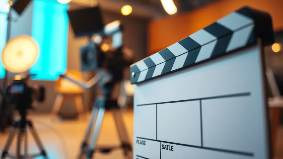 Generic image of a film clapperboard on a movie set.