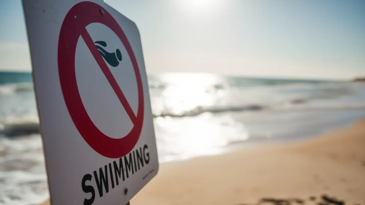 Generic image of a 'no swimming' sign on a beach.